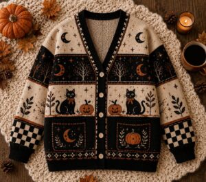 Halloween Cat Cardigan, Vintage Pumpkin Sweater - Image 2