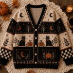 Halloween Cat Cardigan, Vintage Pumpkin Sweater