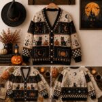 Halloween Cat Cardigan, Vintage Pumpkin Sweater - Image 4