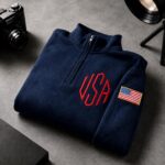 Embroidered Quarter Zip Sweatshirt for Men Women, Chest Lettering Pullover with American Flag Sleeve - Image 2