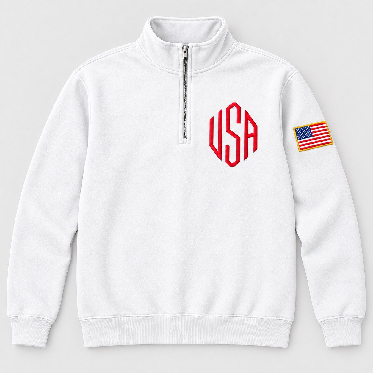 6181340585248101252 Embroidered Quarter Zip Sweatshirt for Men Women, Chest Lettering Pullover with American Flag Sleeve - Image 1