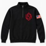 Embroidered Quarter Zip Sweatshirt for Men Women, Chest Lettering Pullover with American Flag Sleeve - Image 3