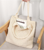 Women's Crochet Beach Tote Bag - Aesthetic Hand-Knit Shoulder Bag, Summer Bohemian Hippie Style Casual Purse, Large Woven Straw Knit Bag for Vacation