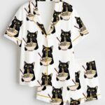 Women's Noodle Cat Short Sleeve Satin Pajama Set