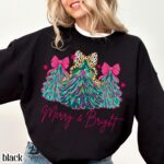 Christmas Sweatshirt Merry & Bright Xmas Tree Sweater Pink Holiday Festive Bow Lights - Image 4
