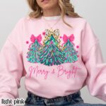 Christmas Sweatshirt Merry & Bright Xmas Tree Sweater Pink Holiday Festive Bow Lights - Image 3