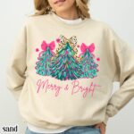 Christmas Sweatshirt Merry & Bright Xmas Tree Sweater Pink Holiday Festive Bow Lights - Image 2