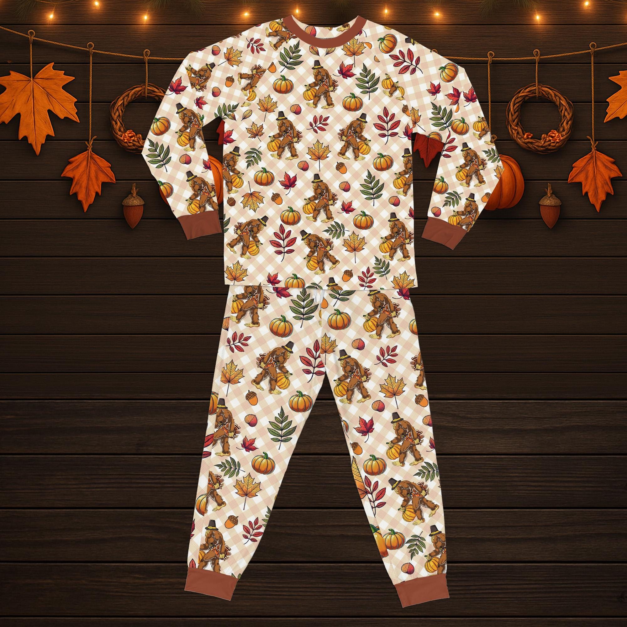 il_fullxfull.7222739902_m2zf Thanksgiving Bigfoot Family Pajamas Set, Cozy Fall Harvest Pajamas with Pumpkin & Turkey - Image 1