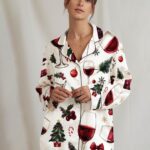 Wine Glass Christmas Pajama Set Women's Satin Holiday Sleepwear