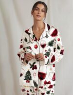Wine Glass Christmas Pajama Set Women's Satin Holiday Sleepwear
