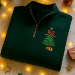 Embroidered Christmas Tree Quarter Zip Sweatshirt Coquette Holiday Style