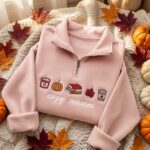 EMBROIDERED Cozy Season Quarter Zip Sweatshirt, Fall Books Coffee Pumpkin Pullover - Image 6