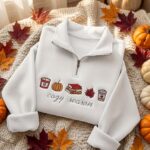 EMBROIDERED Cozy Season Quarter Zip Sweatshirt, Fall Books Coffee Pumpkin Pullover - Image 5
