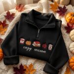 EMBROIDERED Cozy Season Quarter Zip Sweatshirt, Fall Books Coffee Pumpkin Pullover - Image 7