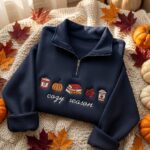 EMBROIDERED Cozy Season Quarter Zip Sweatshirt, Fall Books Coffee Pumpkin Pullover - Image 3