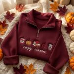 EMBROIDERED Cozy Season Quarter Zip Sweatshirt, Fall Books Coffee Pumpkin Pullover - Image 4