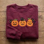 Embroidered Halloween Black Cat Sweatshirt, Cute Pumpkin Jack O Lantern Crewneck