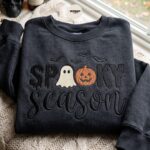 Cute Pumpkin Lover Gift Sweatshirt, Embroidered Halloween Crewneck, Autumn Ghost Sweater