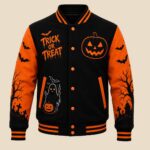 Halloween Varsity Jacket, Trick or Treat Pumpkin Baseball Jacket