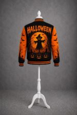 Halloween Varsity Jacket, Trick or Treat Pumpkin Baseball Jacket - Image 3