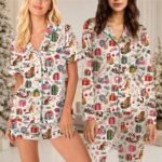Cute Christmas Cat Pajama Set for Women, Holiday PJs with Festive Kitten Gift Print, Funny Xmas Sleepwear