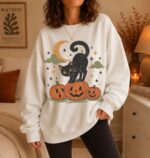 Halloween Black Cat Sweatshirt, 90s Vintage Spooky Season Crewneck - Image 2