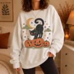 Halloween Black Cat Sweatshirt, 90s Vintage Spooky Season Crewneck