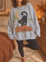 Halloween Black Cat Sweatshirt, 90s Vintage Spooky Season Crewneck - Image 7