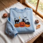 Embroidered Halloween Black Cats Sweatshirt, Cute Pumpkin Jack O Lantern Crewneck