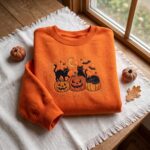 Embroidered Halloween Black Cats Sweatshirt, Cute Pumpkin Jack O Lantern Crewneck - Image 3
