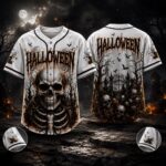 Halloween Skull Baseball Jersey, Skeleton Horror Shirt, Spooky Graveyard Jersey - Image 4