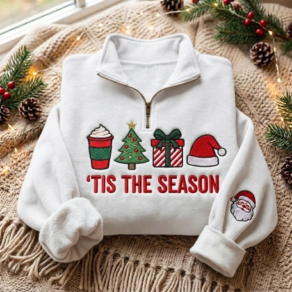 il_fullxfull.8375093192_q3bh Embroidered Christmas Quarter Zip Sweatshirt, Tis The Season Pullover - Image 1