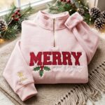 Personalized Merry and Bright Quarter Zip Sweatshirt, Christmas Embroidered Pullover - Image 4