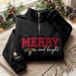 Personalized Merry and Bright Quarter Zip Sweatshirt, Christmas Embroidered Pullover - Image 3