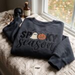 Cute Pumpkin Lover Gift Sweatshirt, Embroidered Halloween Crewneck, Autumn Ghost Sweater - Image 3