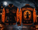 Halloween Varsity Jacket, Trick or Treat Pumpkin Baseball Jacket - Image 5