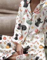 Black Cat Pumpkin Pajama Set for Women, Cute Fall Cat Pajamas, Autumn Floral Sleepwear - Image 4