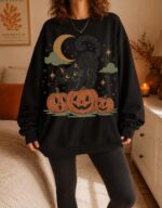 Halloween Black Cat Sweatshirt, 90s Vintage Spooky Season Crewneck - Image 6
