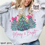 Christmas Sweatshirt Merry & Bright Xmas Tree Sweater Pink Holiday Festive Bow Lights