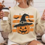 Halloween Sweatshirt, Witch Hat Pumpkin Crewneck, Retro Halloween Sweatshirt Women - Image 3