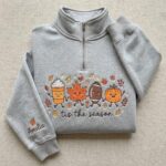 Embroidered Tis The Season Quarter Zip Sweatshirt, Cute Fall Pumpkin Football Shirt - Image 3