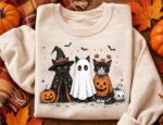 Comfort Colors Halloween Black Cat Ghost Shirt, Halloween Ghost Sweatshirt, Spooky Season Cat Tee - Image 2