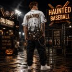 Halloween Skull Baseball Jersey, Skeleton Horror Shirt, Spooky Graveyard Jersey - Image 3