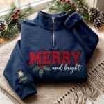 Personalized Merry and Bright Quarter Zip Sweatshirt, Christmas Embroidered Pullover - Image 2