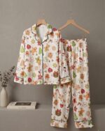 Satin Pajama Set, Gingerbread Snowman Print, Cozy Holiday Sleepwear
