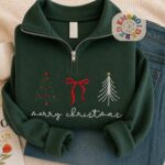 Embroidered Xmas Quarter Zip Sweatshirt, Merry Christmas Winter Pullover