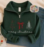 Embroidered Xmas Quarter Zip Sweatshirt, Merry Christmas Winter Pullover