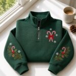 Christmas Candy Cane Embroidered Quarter Zip Sweatshirt