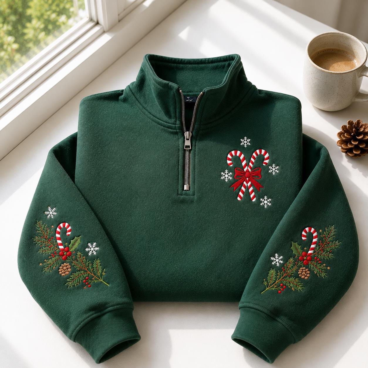 il_fullxfull.8428544630_kqph Christmas Candy Cane Embroidered Quarter Zip Sweatshirt - Image 1