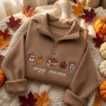 EMBROIDERED Cozy Season Quarter Zip Sweatshirt, Fall Books Coffee Pumpkin Pullover - Image 2